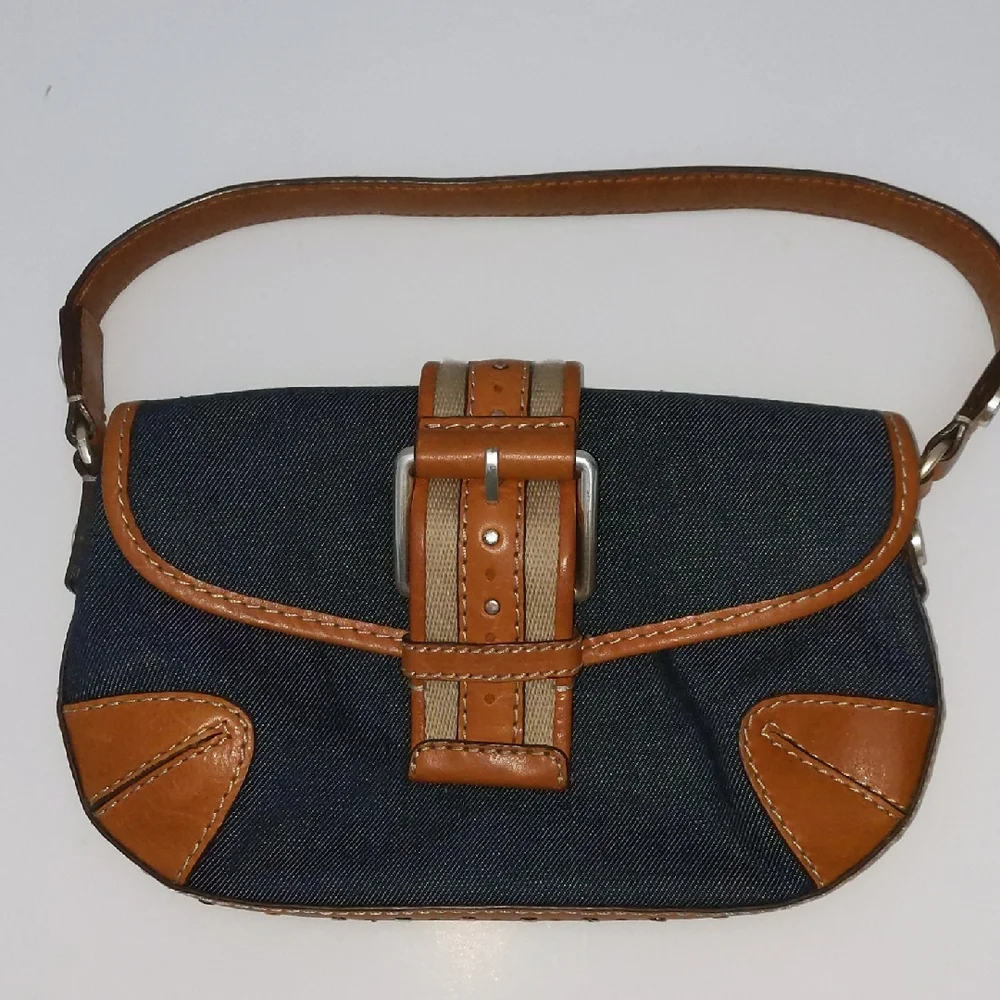 Michael Kors Denim Clutch with Tan Leather Trim